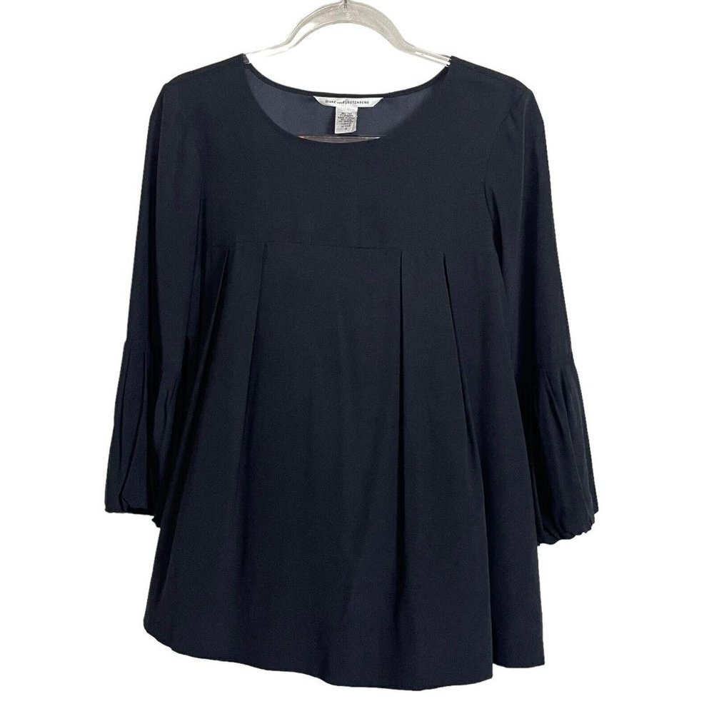 Diane Von Furstenberg Amada Silk Blend Black Size 10 Blouse Top 3/4 Bell Sleeve